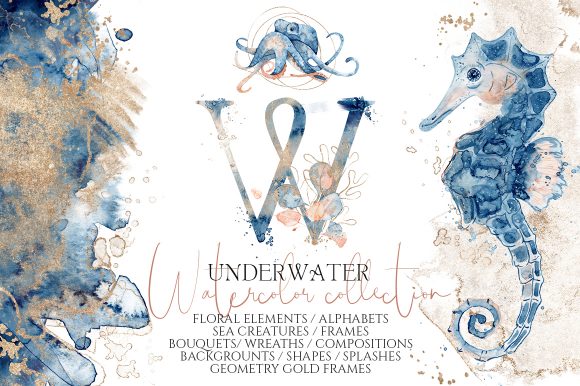 Underwater Watercolor Collection Grafik Druckbare Illustrationen Von EvgeniiasArt