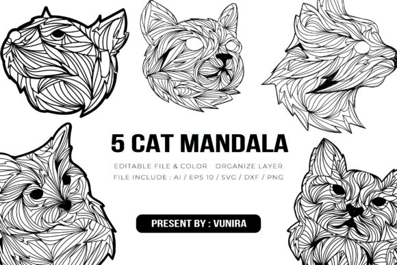 5 Cat Bundle | Mandala Illustration Artisanat Par Vunira