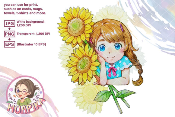 Pigtail Hair Girl and Two Sunflowers Graphic Illustrations By huapika