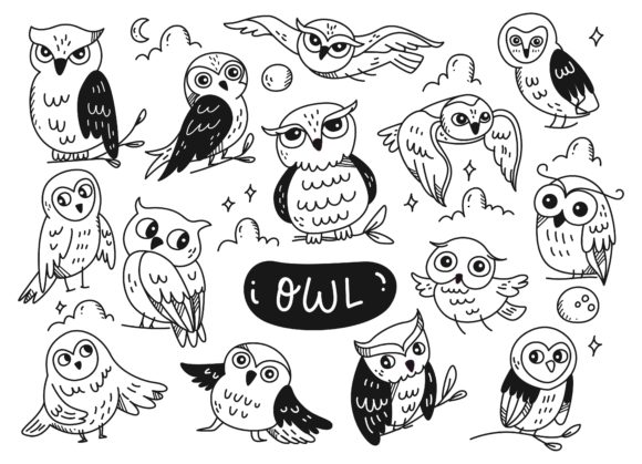 Set of Cute Owl Doodle Line Art Illustration Illustrations Imprimables Par Big Barn Doodles