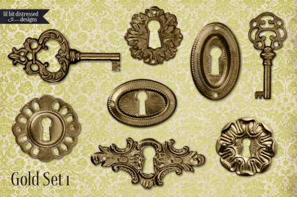 Vintage Metal Keys Keyholes Gold 1 Graphic Illustrations By LilBitDistressed