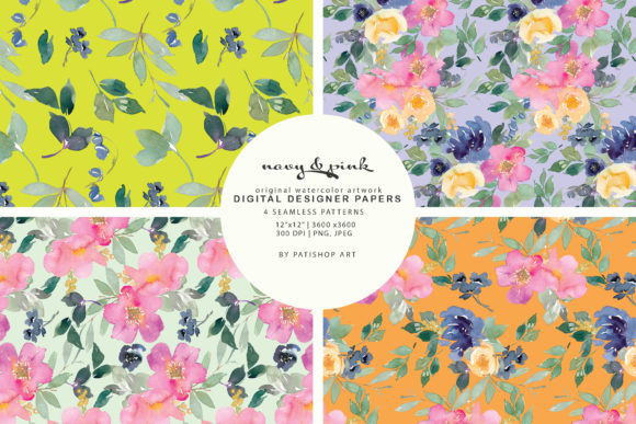 Watercolor Navy and Pink Floral Patterns Illustration Modèles de Papier Par Patishop Art