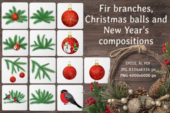 Fir Branches, Christmas Balls and New Ye Grafika Rękodzieła Przez Светлана Зиновьева