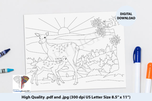 A Wild Deer Feeding Her Baby Grafik Ausmalseiten & Malbücher für Erwachsene Von ColoringBooks101