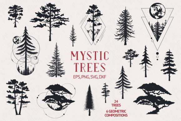 Hand Drawn Mystic Trees Collection Illustration Illustrations Imprimables Par Kirill's Workshop