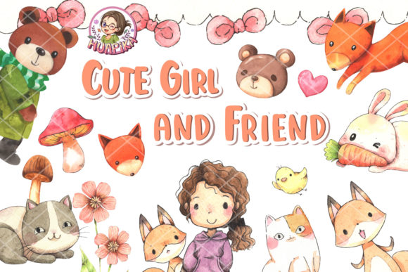 Cute Girl and Friends Graphic Illustrations By huapika