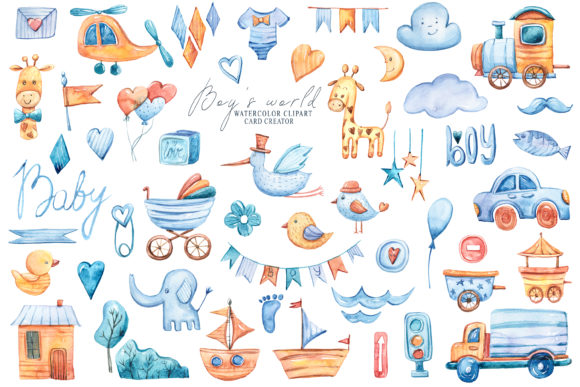 Baby Boy Shower Clipart, It's a Boy Set Graphic Illustrations By Tiana Geo