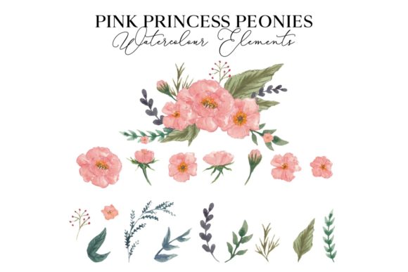 Pink Princess Peonies Watercolor Gráfico Ilustrações para Impressão Por Monogram Lovers