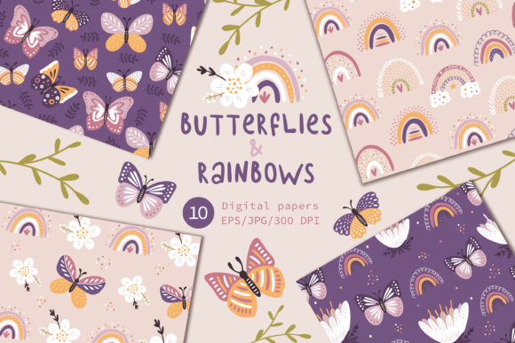 Butterflies & Rainbows, Floral Paper. Graphic Patterns By TetArtCreations