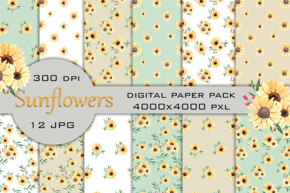 Watercolor Sunflower Digital Paper Pack Graphic Patterns By SleptArt