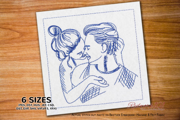 Girl Kissing Boy Redwork Design Valentine's Day Embroidery Design By Redwork101