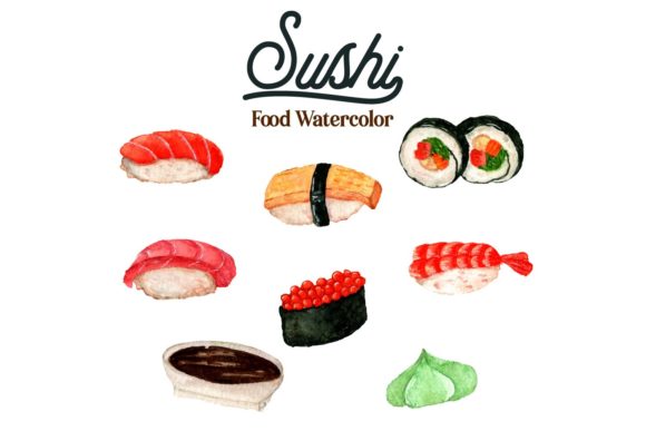 Sushi Set Watercolor Graphic Web Elements By Monogram Lovers