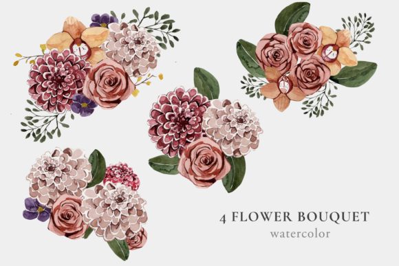 Watercolor Set of Bouquets of Roses 4 Graphic Illustrations By Julia Bogdan