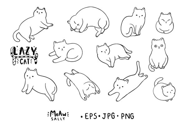 Hand Draw Cartoon Black and White Cats Graphic Illustrations By Meawsally