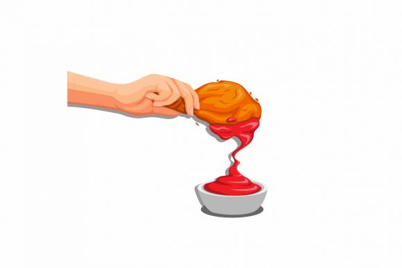 Hand Put Crispy Fried Chicken to Sauce Graphic Illustrations By aryo.hadi