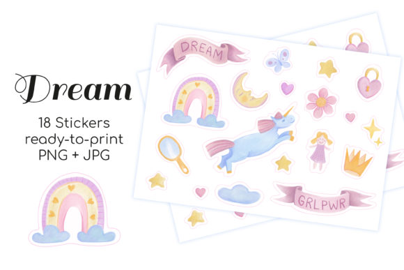 Dream Watercolor Stickers with Unicorn Graphic Print Templates By art.rm