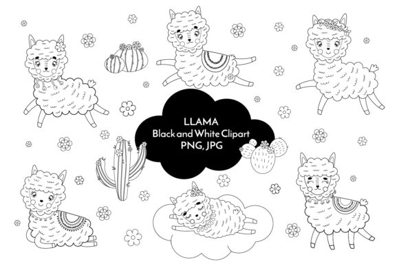 Llama Black and White Clipart PNG 35 Illustration Objets Graphiques de Haute Qualité Par KozaDereza