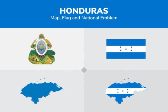 Honduras Map, Flag and National Emblem Graphic Illustrations By shahsoft