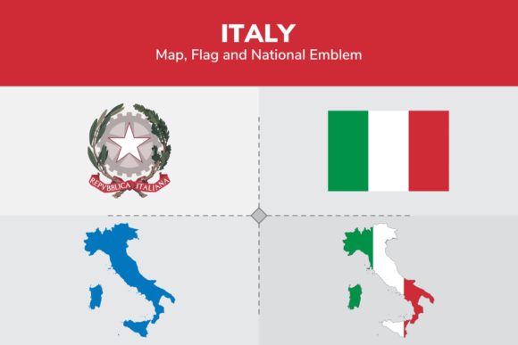 Italy Map, Flag & National Emblem Graphic Illustrations By shahsoft
