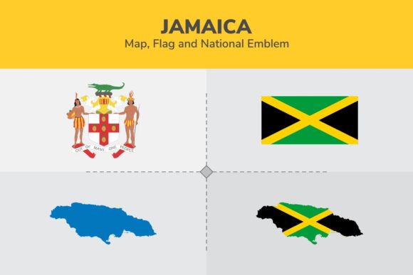 Jamaica Map, Flag & National Emblem Graphic Illustrations By shahsoft