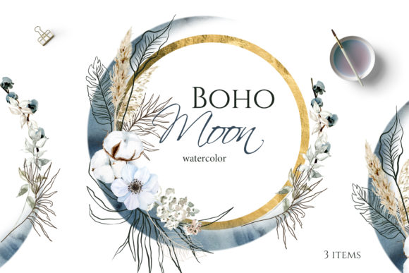 Boho Round Floral Frame with Blue Moon Grafik Druckbare Illustrationen Von Elena Dorosh Art