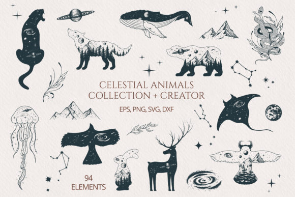 Hand Drawn Celestial Animals Collection Grafik Druckbare Illustrationen Von Kirill's Workshop