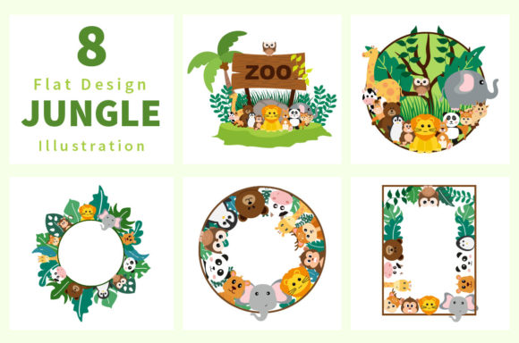 8 Jungle Animals and Zoo Cartoon Style Graphic Illustrations By denayunecf