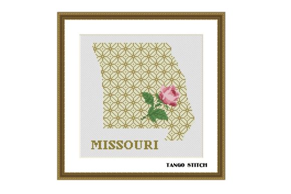 Missouri USA State Map Flower Ornament Graphic Cross Stitch Patterns By Tango Stitch