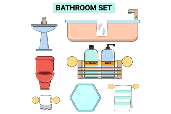 Flat Line Pastel Color Bathroom Set Graphic Icons By davidstephanus
