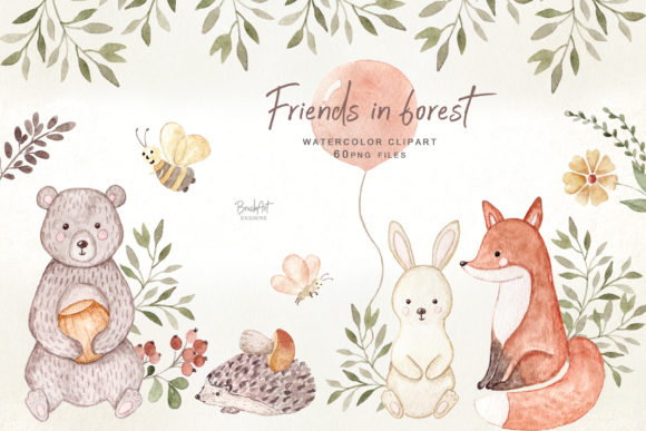 Friends in Forest, Woodland Animals Graphic Illustrations By brushartdesigns