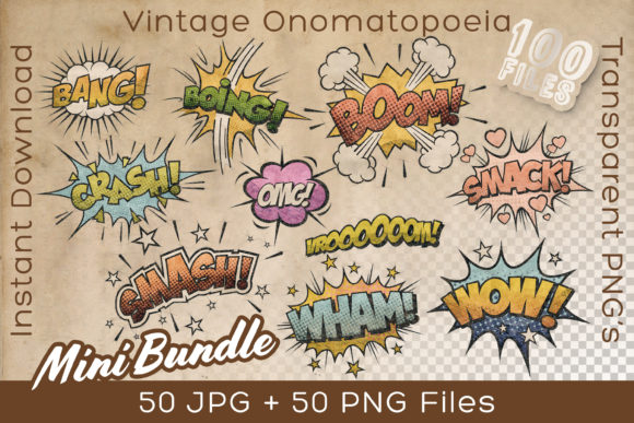 Onomatopoeia Vintage Mini Bundle Illustration Illustrations Imprimables Par Stian Iversen