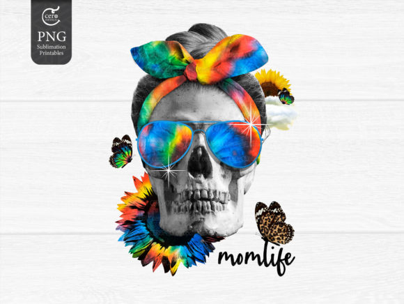 Skull Mom Life Tie Dye Collage Art Png. Graphic Crafts By Feelplus Creator