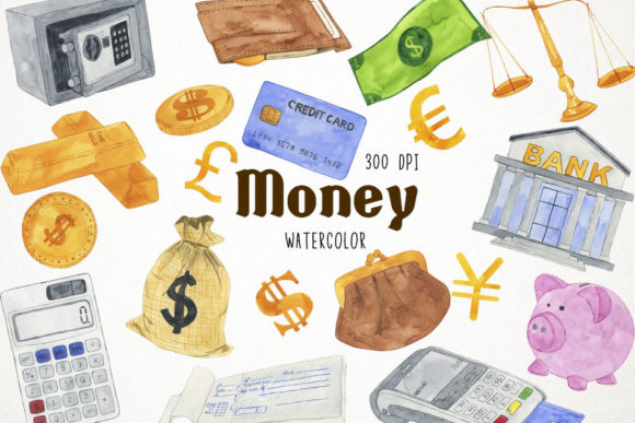 Watercolor Money Clipart, Bank Graphic Illustrations By Paulaparaula