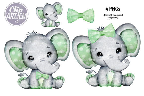 Boy Girl Elephant Sage Green Clip Art Graphic Illustrations By clipArtem