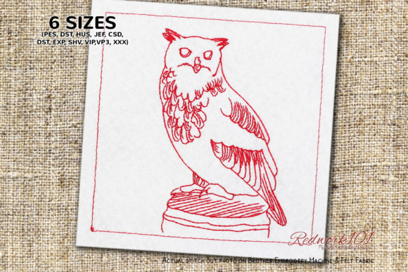 Staring Owl Sitting on Tree Stump Pájaros Diseño de Bordado Por Redwork101