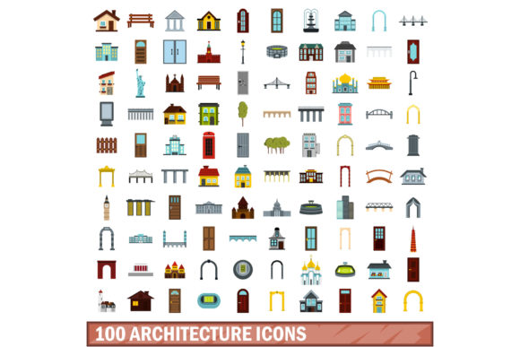 100 Architecture Icons Set, Flat Style Graphic Icons By ylivdesign
