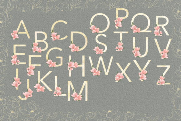 English Alphabet "Pink Magnolia Flowers" Graphic Illustrations By art.dots.alex
