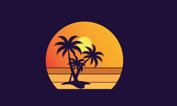 Retro Vintage Sunset Beach Palm Tree Graphic Logos By st