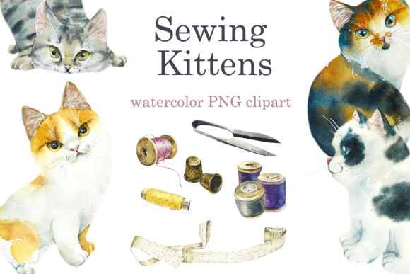 Watercolor Sewing Kittens Gráfico Ilustraciones Imprimibles Por Мария Кутузова
