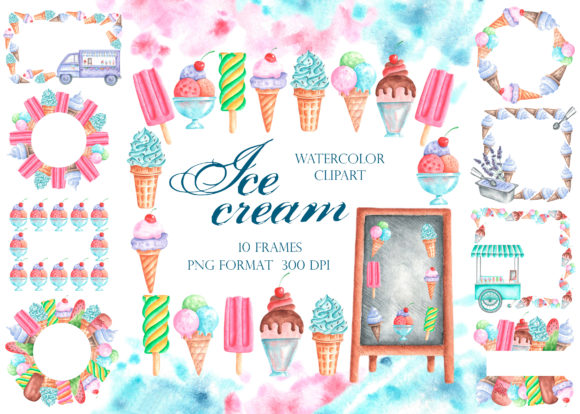 Ice Cream Watercolor Frames Bundle Graphic Illustrations By sabina.zhukovets