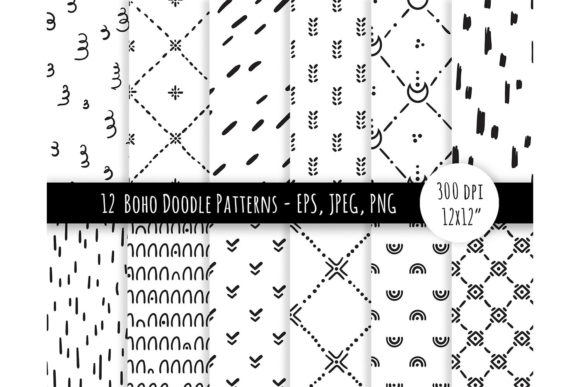 Boho Doodle Digital Paper or Pattern Set Graphic Illustrations By MySpaceGarden