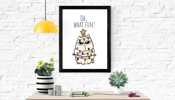 Cute Cat Tangled in Christmas Light Graphic Illustrations By Paper Clouds Studio