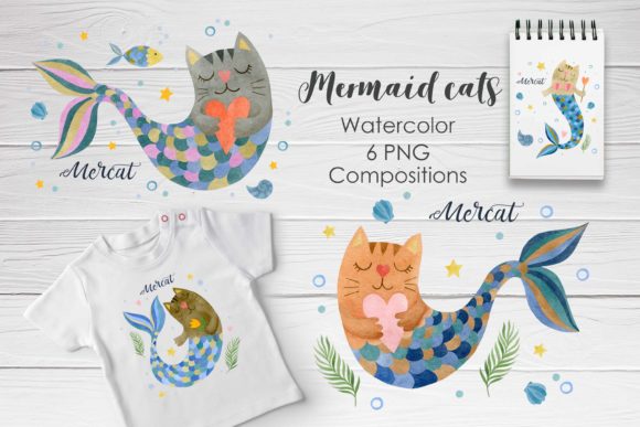 Watercolor Mermaid Cat Compositions. Graphic Illustrations By Kira Art Story