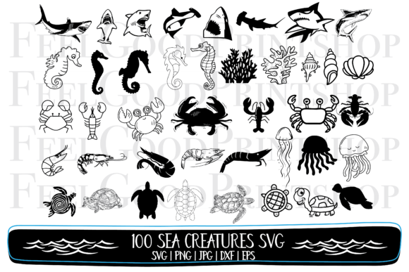100 Sea Creatures Graphic Crafts By FeelGoodPrintshop
