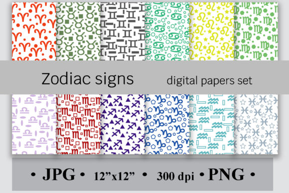 Zodiac Signs Digital Papers Set Grafika Papierowe Wzory Przez SunnyColoring