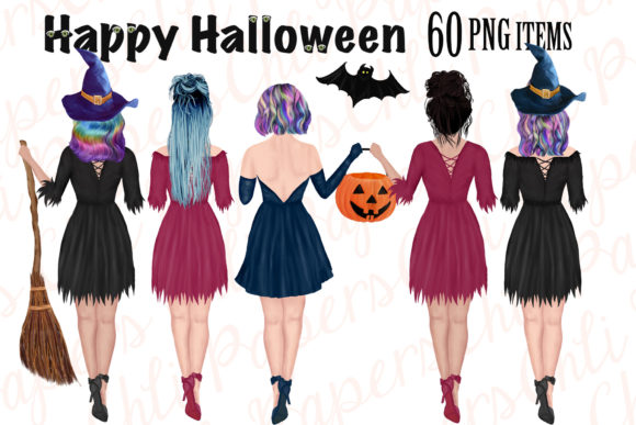 Halloween Girls Clipart, Witches Clipart Graphic Illustrations By ChiliPapers