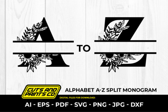 Alphabet Split Monogram Flowers a-Z Gráfico Plantillas de Impresión Por Cuts and Prints Co