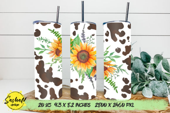 Watercolor Sunflower and Cowhide Tumbler Graphic Print Templates By sashanikart