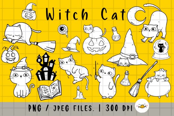 Witch White Cat PNG, Halloween Clipart Graphic Illustrations By auntiesduck