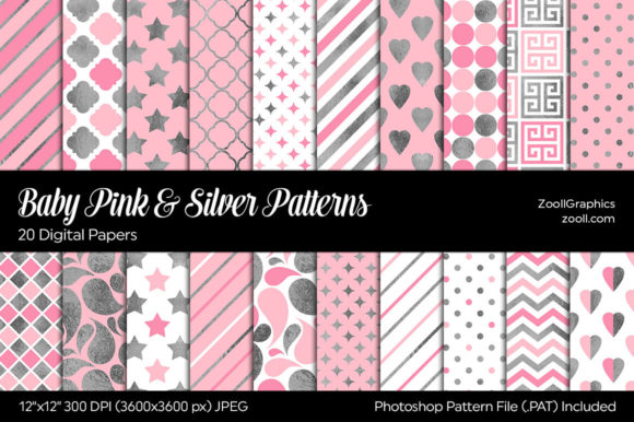 Baby Pink & Silver Digital Papers Graphic Patterns By ZoollGraphics